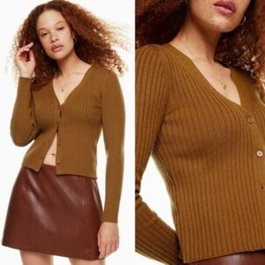 Aritzia Wilfred Manila Women's Chestnut Brown Ribbed Cardigan Sweater Size Small